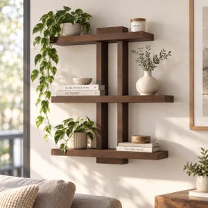 May include: A dark brown wooden wall shelf with three horizontal tiers connected by two vertical supports. The shelves hold a trailing green plant in a pot, a white vase with greenery, two stacked books titled The Kinfolk Home and At Home, and a book.