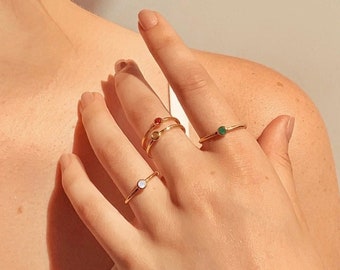 Dainty Stacking Birthstone Rings・Tiny Round Family Birthstone Ring・Mom Birthstone mothers Day Gift・Mothers Minimalist Gemstone Ring [MNB]