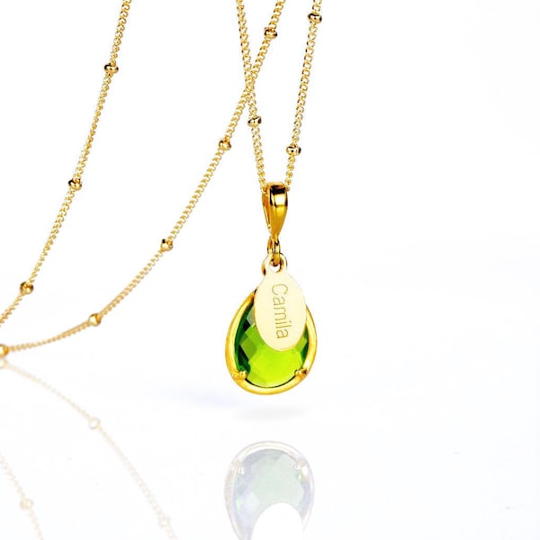 August Birthstone Necklace with Engraved Name Charm Jewelry, Personalized Peridot Quartz Pendant, Birthday Gift for Her, mothers day gift