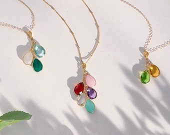Cascading Birthstones Family Charm Necklace • Custom Kids Birthstone Necklace Gift for Mom or Grandma • Personalized Jewelry for Grandmother