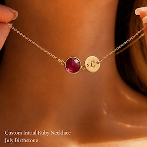 Personalized Ruby Initial Necklace • July Birthstone Jewelry, Custom Letter Charm, Rose Gold, Silver or Bridesmaid Birthday Gift for Her