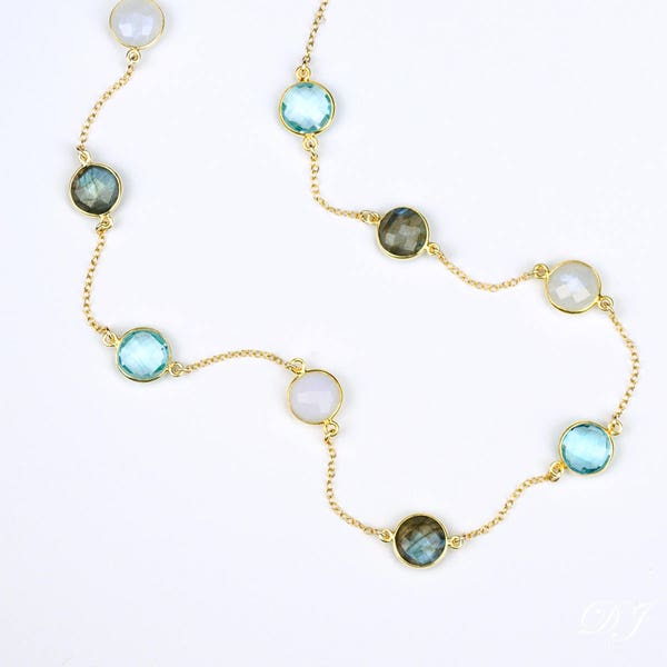 Labradorite, Blue Topaz and Moonstone necklace, long station necklace, blue labradorite necklace, colorful necklace multi stone necklace