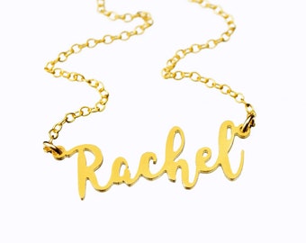 Classic Name Necklace, Gold Rachel Necklace, Custom Gold Name Plate Necklace, Personalized Name Necklace, Cut Name Necklace, Script Name