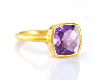 Purple Amethyst Ring, February Birthstone Ring, Gemstone Ring, Stacking Ring, Gold ring, Cushion Cut Ring mothers day gift square ring