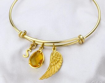 Personalized Angel Wing bangle, Birthstone bangle, adjustable expandable, gold or silver bangle bracelet, Remembrance bracelet memory bangle