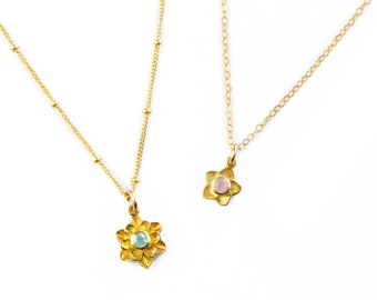 Mother Daughter Flower Charm Necklace, Birthstone Floral Pendant, Rose Gold Blossom Necklace, Bezel Set Birthday Gift for mom [Bloom]
