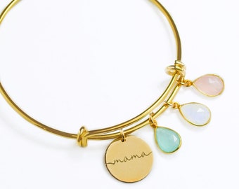 Personalized Mothers Bracelet with Birthstone Charms and Mama Disc Charm, Grandma Charm Bangle with Kids and Grandchildren, Gift for Mom