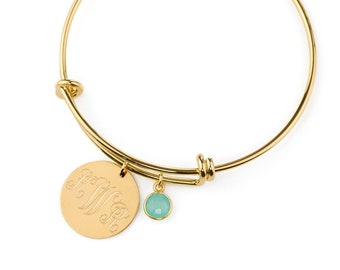 Monogrammed Bangle Bracelet, birthstone bangle bracelet, Personalized charm bangle with initials Bracelet, Gold Bangle, bridesmaid gift