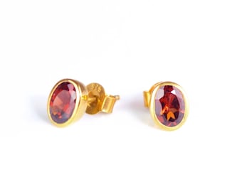 Red Garnet Dainty Oval Stud Earrings • January Birthstone Christmas Gift for Her • Bezel Oval Small Post Earrings • Silver, Gold, Rose Gold