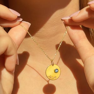 Disc Birthstone Necklace, Name Necklace, Personalized Bridesmaid Necklace, Engraved Gemstone Disk Necklace, Custom Name Necklace nameplate