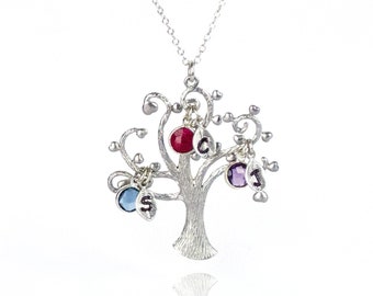 Grandma necklace silver Family Tree Necklace, Birthstone Necklace, birthday gift for Mother Jewelry, Children's Initials Grandmother jewelry