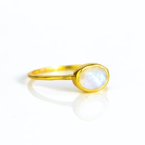 Rainbow Moonstone Sterling Silver or Gold Vermeil Stacking Ring • June Birthstone Oval Bezel Ring • Moonstone Christmas Gift for Mom or Wife