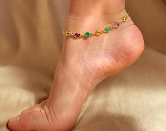 Custom Birthstone Anklet • Personalized Ankle Bracelet with 1–8 Gemstones, Rose Gold or Silver Dainty Anklet, Summer Jewelry Gift for Mom