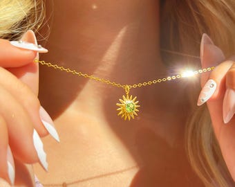 Sun Necklace with Custom Birthstone – Personalized Sterling Silver Necklace for Women | Celestial Starburst Pendant | Birthday Gift for Her