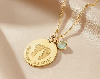 Personalized Baby Feet Necklace • Engraved Footprint Charm, Newborn Keepsake Jewelry, Baby Shower Gift Push Present New Mom Necklace Grandma