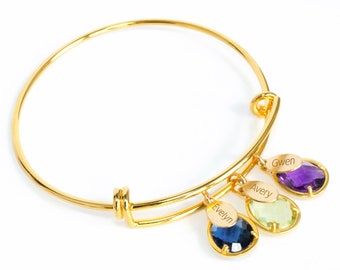 Christmas Gift for Mom, Personalized Mother&#39;s Bracelet with Birthstone and Name Charms Grandma Gift Bangle with Kids and Grandchildren