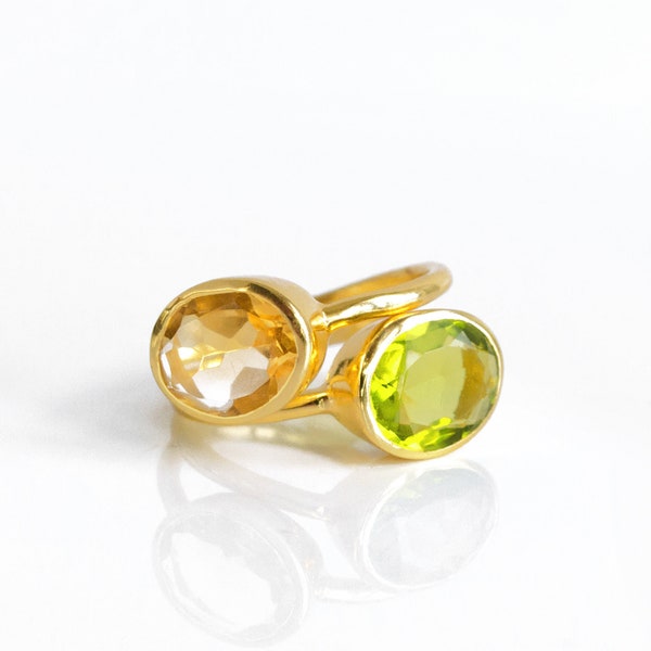 Citrine and Peridot Ring Combo, Stacking ring set, yellow green rings for her, oval ring, gemstone ring, August Birthstone November ring