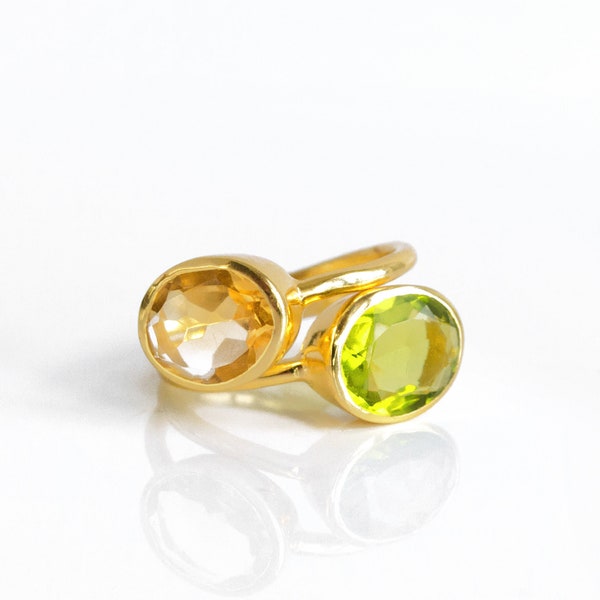 Combo de anillos de citrino y peridoto, juego de anillos apilables, anillos verdes amarillos para ella, anillo ovalado, anillo de piedras preciosas, anillo de noviembre de piedra natal de agosto