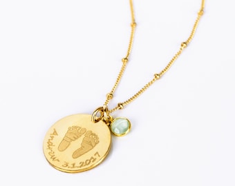 Personalized Newborn Footprints & Name Necklace・Actual Baby Footprint Necklace with Birthstone Charm・mothers day gift for New Mom or Grandma