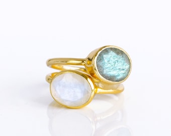 Labradorite & Moonstone Stacking Ring Set • Iridescent Natural Gemstone Stackable Rings 18k Gold or Sterling Silver • Elegant Oval Rings