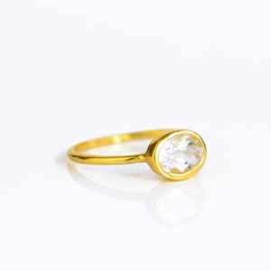 Dainty Clear Quartz Gemstone Ring • 925 Silver or Gold Vermeil Clear Ring • Crystal Quartz Stacking Ring • Womens Custom Oval Bezel Set Ring