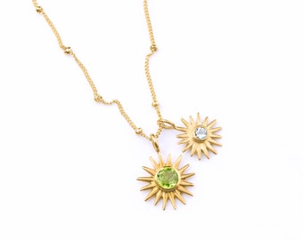 New Mom Sun Burst Necklace, Birthstone Sunshine Pendant, Rose Gold Celestial Star Necklace, Bezel Set mothers day gift for her Mother's Gift