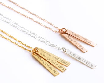 Personalized bar necklace for mom, custom kids name necklace mothers jewelry, vertical bar necklace, rose gold bar sterling silver necklace