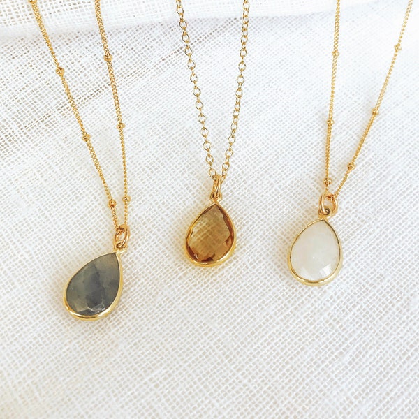 Custom Birthstone Pendant Necklace, Teardrop Gemstone Necklace, Gold Necklace, Bridesmaid Gift for Her, Mothers Day gift, Layered necklace