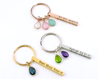 Personalized Keychain for Mom・Custom 3D Bar Keychain with Birthstone Charm Childrens Names Birthdate Birthstone Keychain mothers Day gift