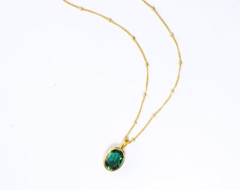 May Birthstone Large Oval Green Tourmaline Necklace, Gold Layering Necklace, Emerald Green Birthstone Necklace, Birthday Gift for Her