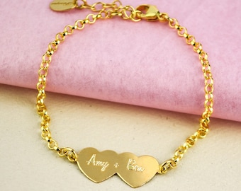 Personalized Christmas Gift for her, Engraved Name Heart Bracelet name double heart bracelet gold monogram bracelet wife, Bridal Shower