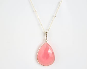 SALE Pink Chalcedony Necklace, October Birthstone necklace, Gold necklace, teardrop gemstone necklace, chalcedony jewelry bridal, SALE