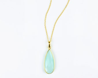 Aqua Chalcedony Necklace, Gold necklace, tear drop gemstone necklace, March Birthstone, bridal jewelry, bezel set necklace, bridesmaid gift