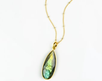 Labradorite Necklace - Gold necklace - teardrop gemstone necklace, labradorite jewelry, bridal jewelry, bezel set necklace, blue labradorite