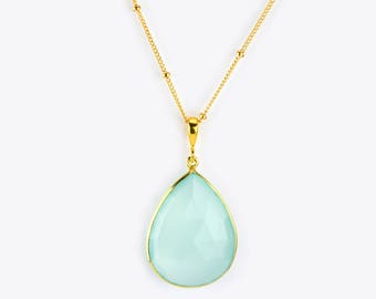 SALE Aqua Chalcedony necklace, March Birthstone necklace, gold necklace, bezel set teardrop necklace, teal bridesmaid jewelry, SALE