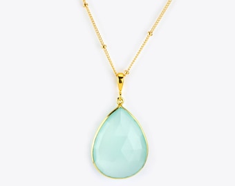Aqua Chalcedony necklace, March Birthstone necklace, gold necklace, bezel set necklace, tear drop necklace, teal bridesmaid jewelry, SALE