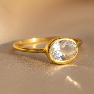 Clear Quartz Oval Bezel Set Ring • Sterling Silver or Rose Gold Crystal Ring, April Birthstone Jewelry, Dainty Stacking Ring, Christmas Gift