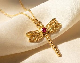 Sterling Silver Dragonfly Birthstone Necklace • Personalized Custom Birthstone Pendant, Dainty Nature Jewelry, Bridesmaid Gift for Her
