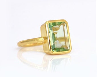 Green Amethyst ring - rectangle ring, gemstone ring gold, stacking ring, bezel set ring, February Birthstone, gift for her, amethyst jewelry