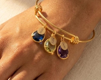 Custom Mom Bracelet, Grandma Birthstone Bangle, Personalized Name Charm Bracelet, Engraved Family Bracelet, Mothers Day Gift for Mom Grandma