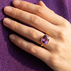 Amethyst Ring • February Birthstone Ring, Purple Gemstone Ring, Gold Bezel Ring, Stacking Ring, Dainty Statement Ring, Gift for Her
