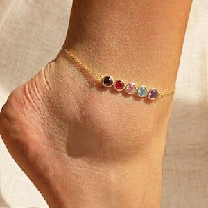 Custom Birthstone Anklet • Dainty Gemstone Bar Anklet • Personalized Family Anklet • Minimal Gold Silver Anklet for Women, Mothers day gift