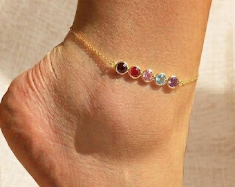 Custom Birthstone Anklet • Dainty Gemstone Bar Anklet • Personalized Family Anklet • Minimal Gold Silver Anklet for Women, Mothers day gift