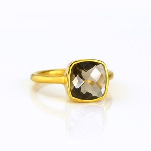Smoky quartz cushion cut ring on hand, gold bezel set gemstone ring for everyday wear