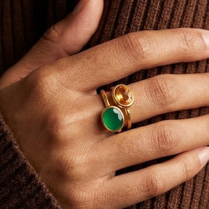 Citrine and Green Onyx Ring Set, November Birthstone Ring, May Birthstone Emerald Style Ring, Gold Stacking Rings, Dainty Gemstone Ring