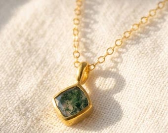 Moss Agate Necklace Cushion Cut • Natural Gemstone Pendant, Minimalist Gold Vermeil or Sterling Silver Necklace, Dainty Everyday Jewelry