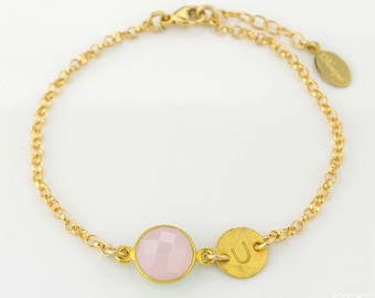 Custom October Birthstone Bracelet - Personalized bracelet - bridesmaid bracelet, initial bracelet, gold or silver, Pink Chalcedony bracelet