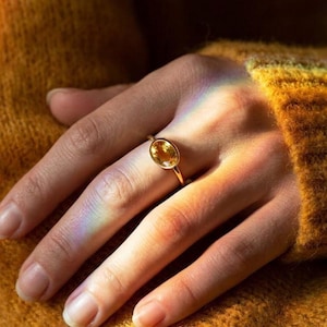 Citrine Ring • Small November Birthstone Ring, 18K Gold Vermeil or 925 Sterling Silver Dainty Stackable Gemstone Ring Gift for Her Oval Gold
