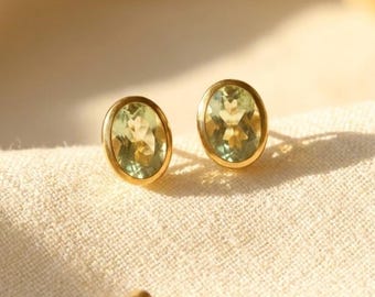 Green Amethyst Oval Stud Earrings • 6x9mm Bezel Set Prasiolite Earrings, February Birthstone Gift in Silver or Gold Bridesmaid Gift for Her