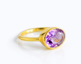 Purple Amethyst Ring, February Birthstone Ring, Purple Ring for her, Stacking Ring, Gold Plated, oval Ring, birthday gift, stackable ring